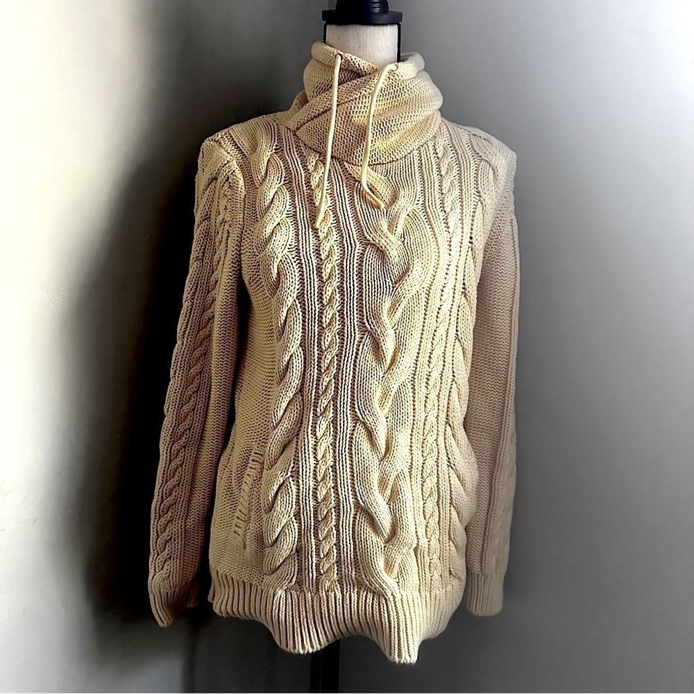 L.L Bean | Classic Yellow Double Mixed-Cable Sweater Funnelneck | M